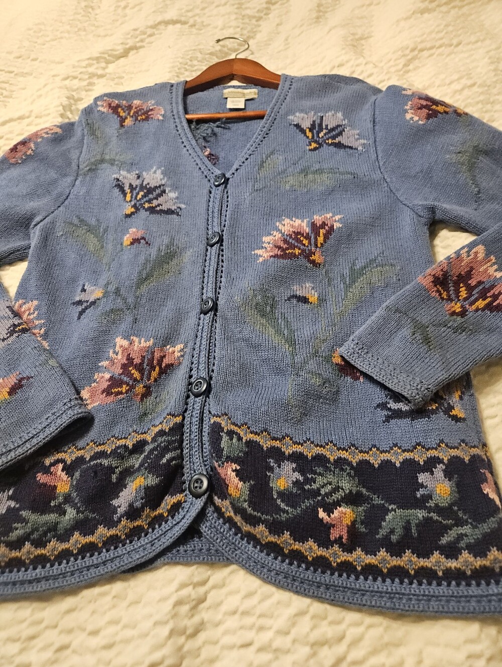 Coldwater Creek Vintage Blue Floral Knit Cardigan Sweater Medium Cottagecore - Picture 15 of 16